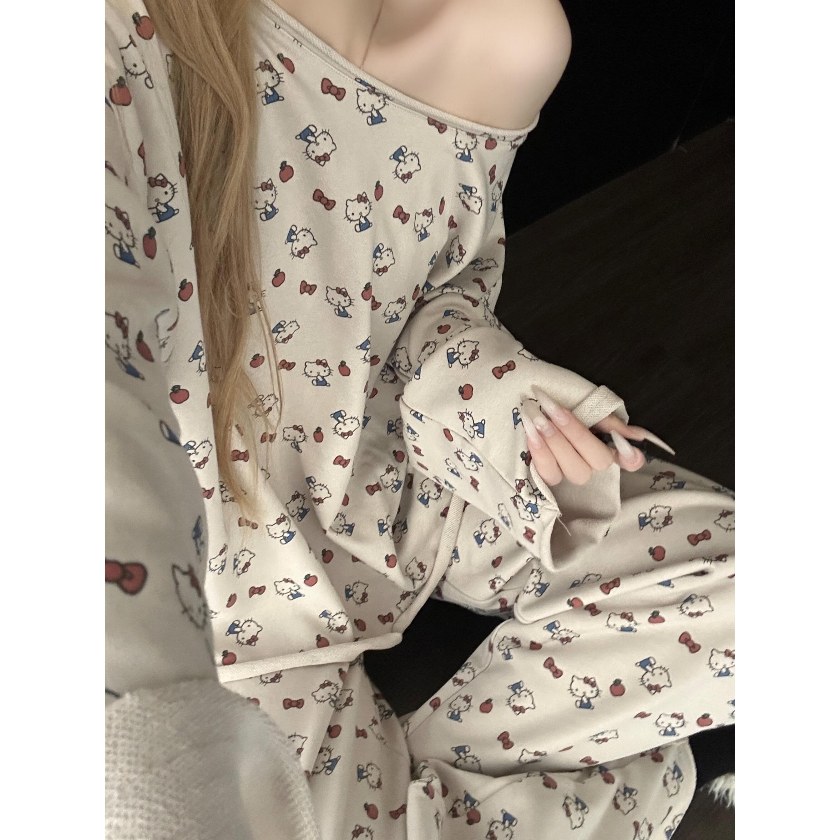 慵懒风可爱Kitty猫印花露肩睡衣女秋冬新款长袖可外穿家居服套装