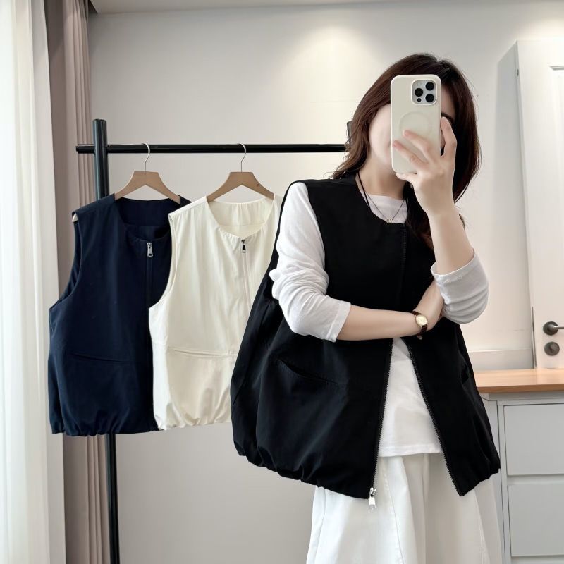 1123女装韩版简约纯色拉链大方马甲秋季宽松显瘦流行时尚潮牌女装