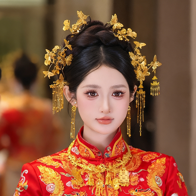 龙凤褂新娘头饰中式婚礼贵气流苏发簪国风旗袍秀禾俏皮发饰10123