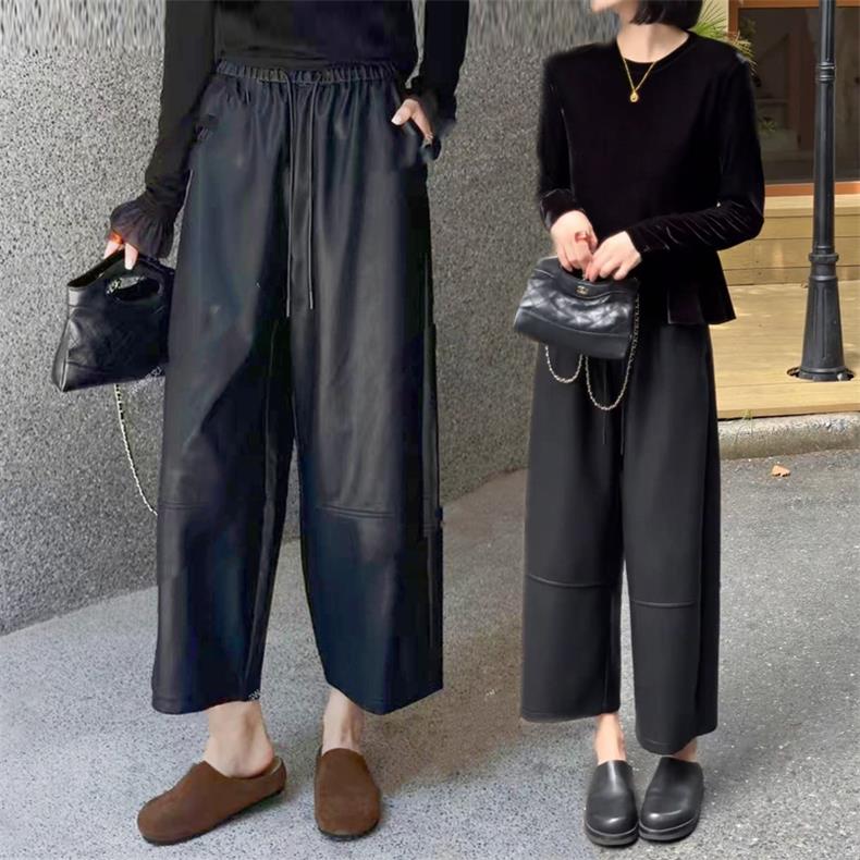 黑色pu皮裤直筒裤女2025年秋冬新款高腰显瘦九分裤宽松百搭休闲裤