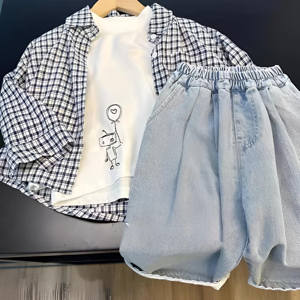 儿童韩版套装2025春秋新款男女童格子衬衫百搭休闲牛仔裤两件套潮