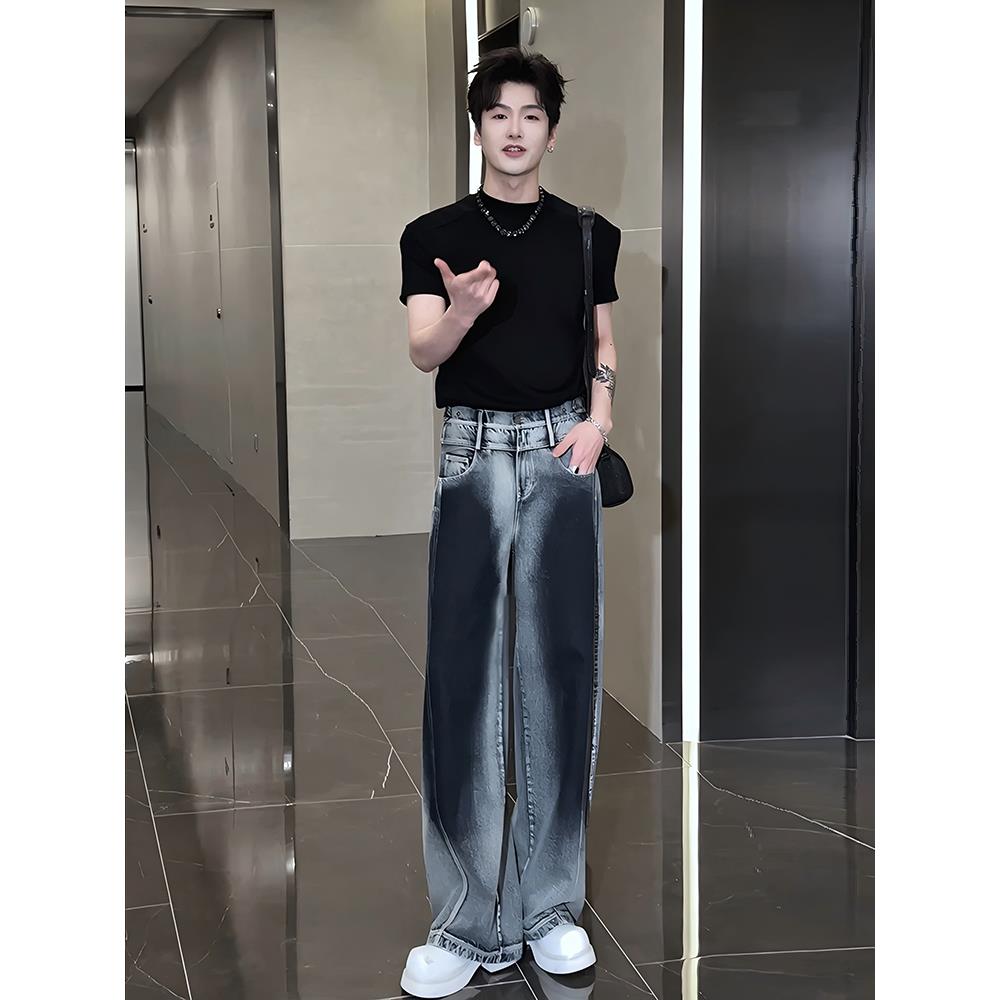 水洗渐变扎染牛仔裤男款夏季美式高街设计感裤子显腿长弯刀直筒裤