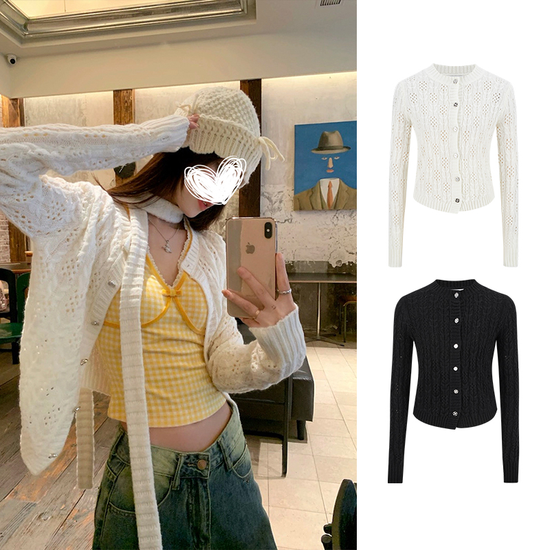 Moses Queen/魔西女王白色镂空圆领长袖毛衣开衫修身显瘦早秋外套