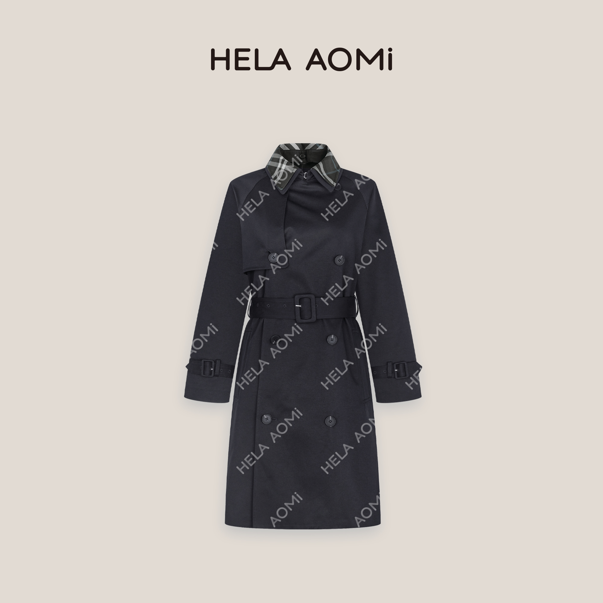 HELA AOMI“藏蓝格纹”设计感撞色翻领斜纹垂坠感时髦爆款风衣