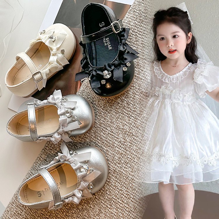 【软底】蝴蝶结水钻公主风韩版软底百搭小女孩时尚秋季小皮鞋女童