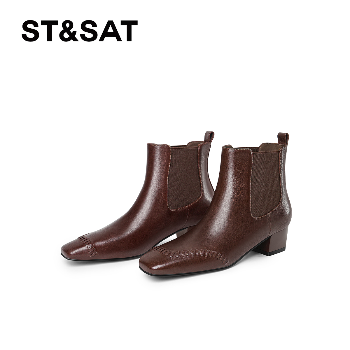 St&Sat/星期六复古秋冬时装靴英伦方头粗跟女靴真皮百搭休闲短靴