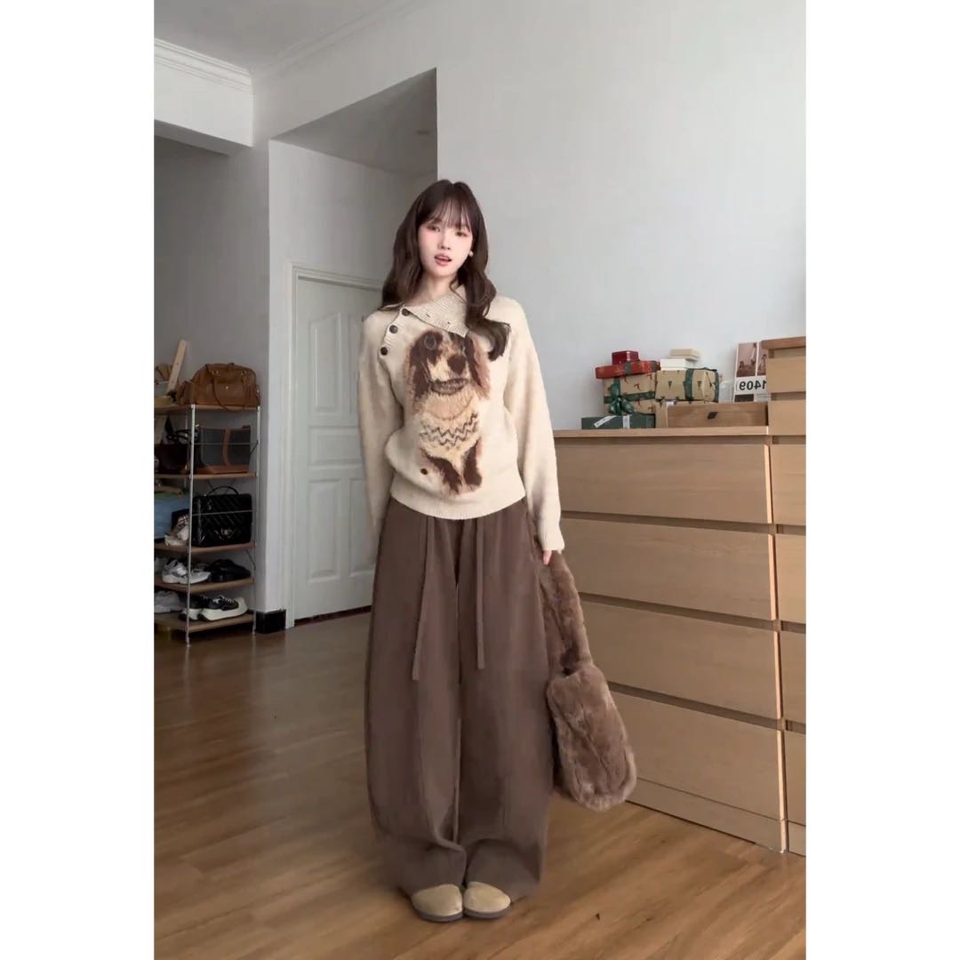 韩系复古慵懒风小狗毛衣女秋冬时尚针织衫+直筒裤休闲裤气质套装