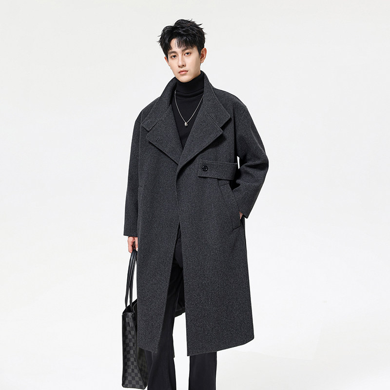 黑色双面羊绒毛呢大衣男款冬季立领中长款风衣韩版高级感显瘦外套