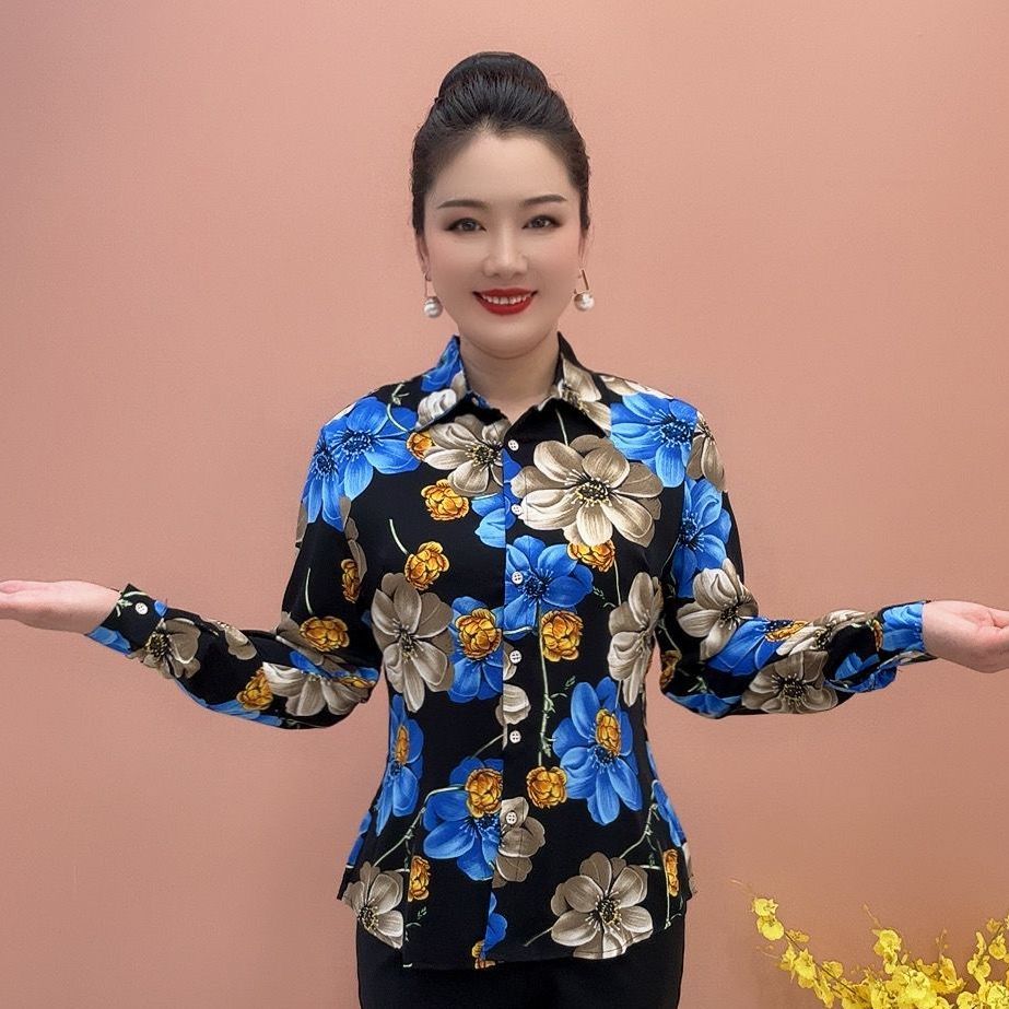 印花碎花衬衫洋气2025新款长袖中年妈妈衬衣上衣