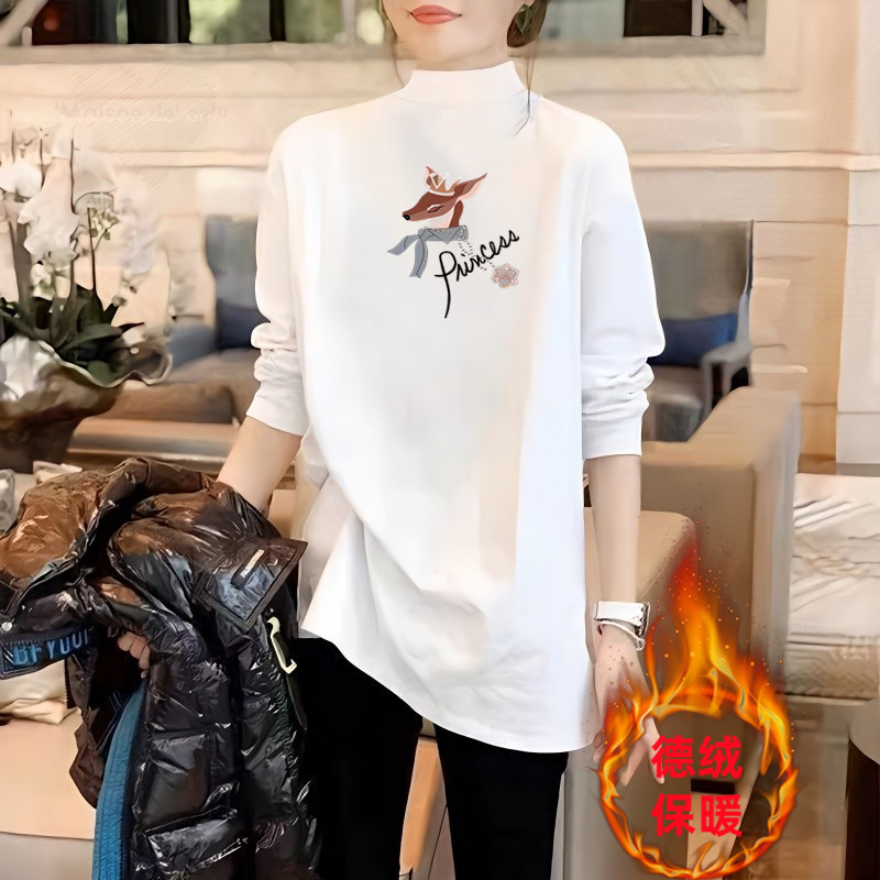 半高领德绒保暖卫衣打底衫女大码中长款秋冬内搭加厚长袖t恤上衣