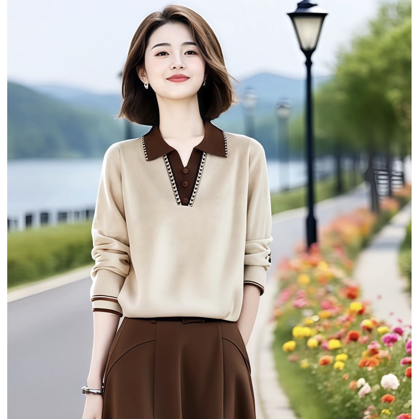 撞色翻领时尚针织衫秋季套头衫毛衣百搭洋气长袖显瘦上衣