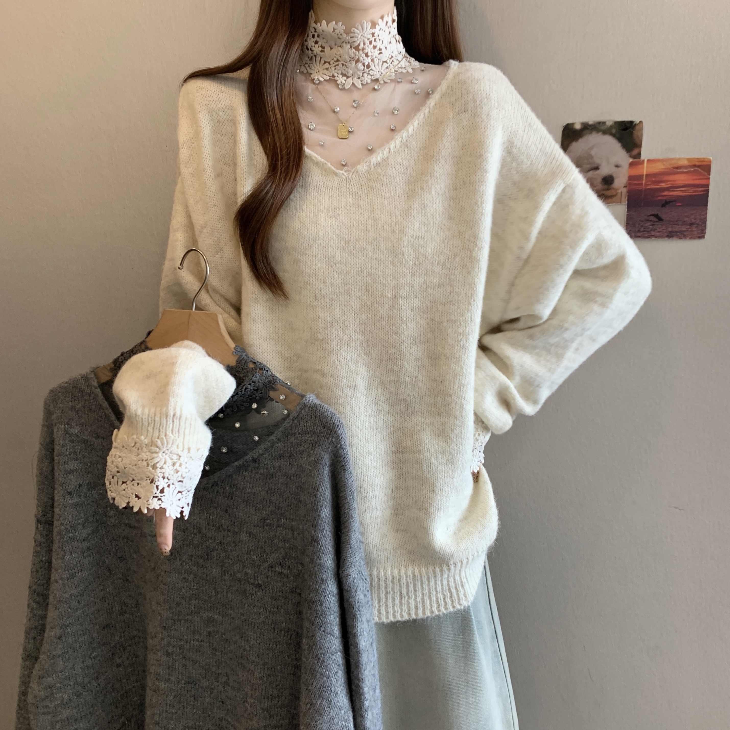 大码秋款甜美风针织套头开衫条纹上衣杏色灰色宽松显瘦设计感