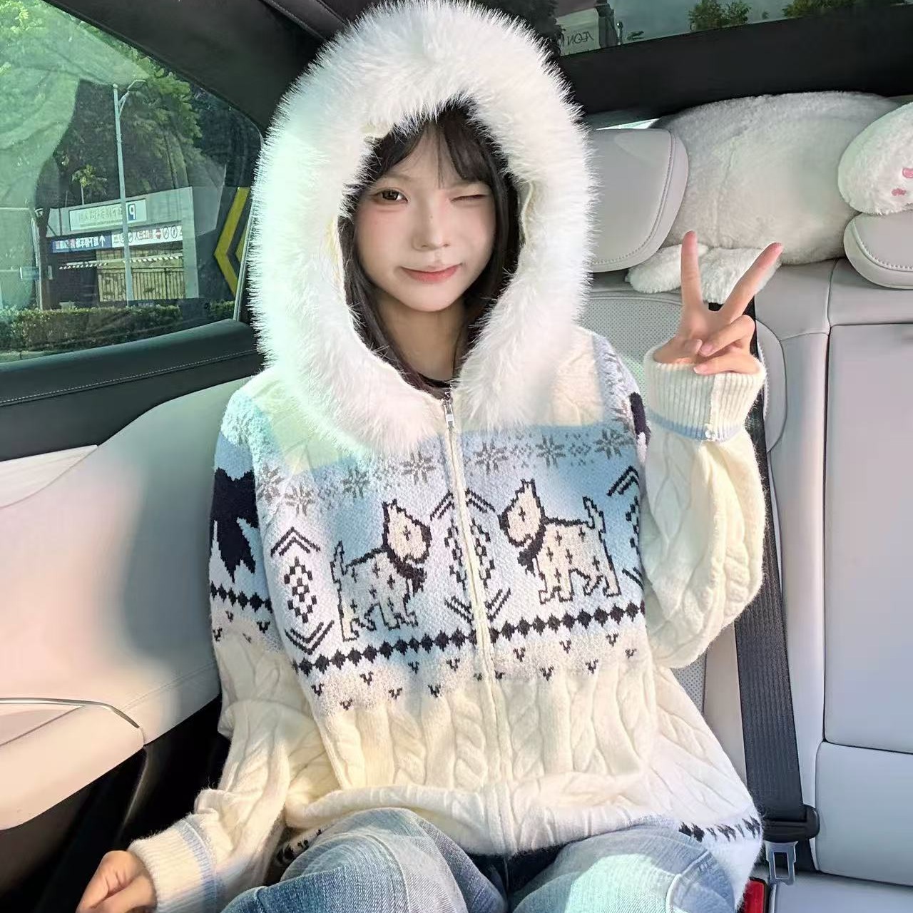 溪溪靓衫秋季氛围感毛领费尔岛小狗毛衣百搭宽松针织开衫女