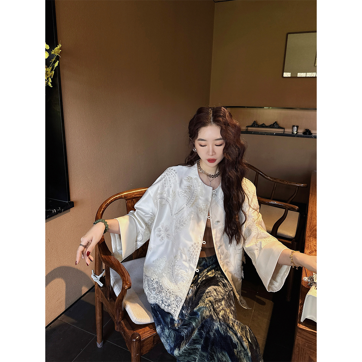 三吉黑花【青湘】春装女款2025年新款蕾丝刺绣凤尾花中式外套