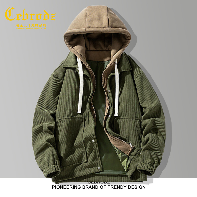 法国Cebrodz灯芯绒假两件棉服夹克男士春秋冬季宽松连帽外套加绒