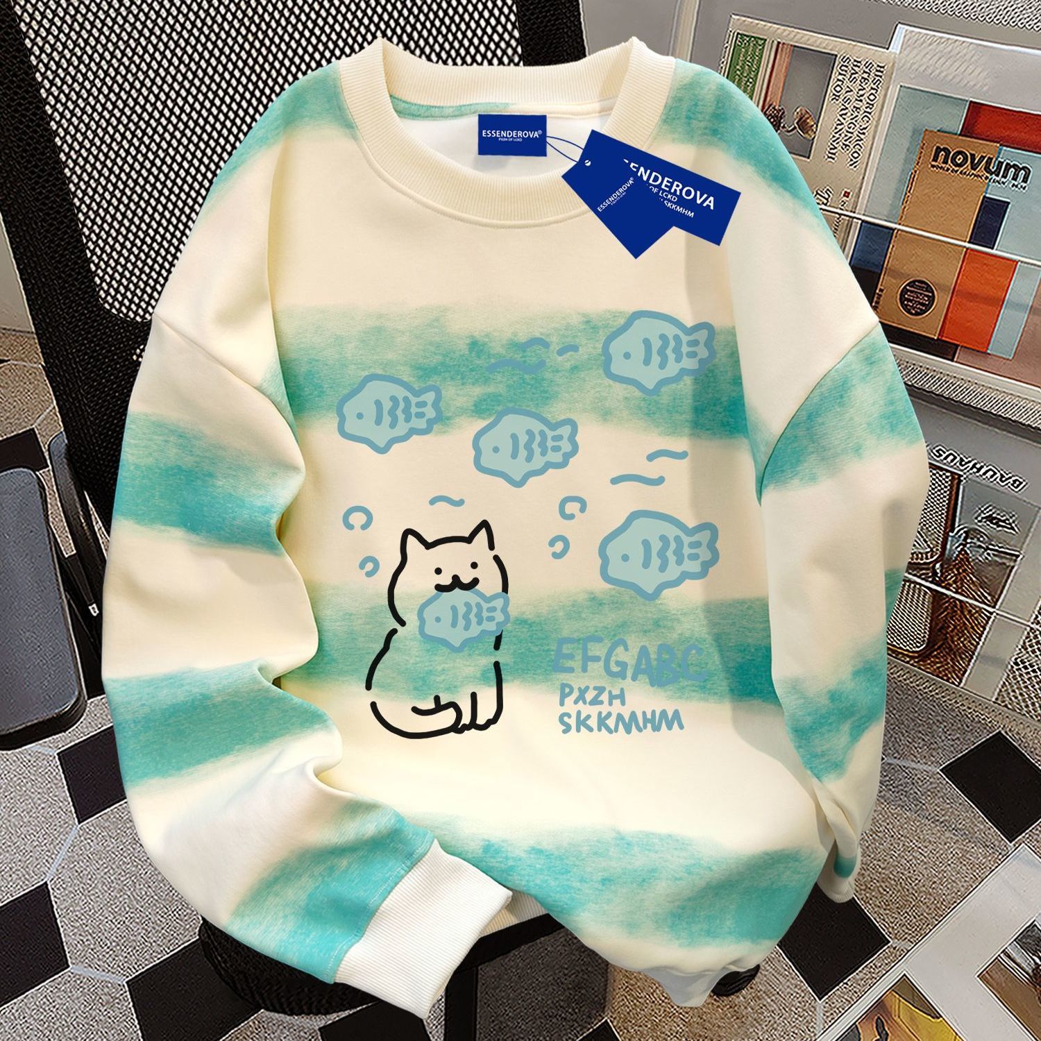 休闲趣味2025扎染横条男女宽松显瘦圆领卫衣秋冬季加绒加厚上衣潮