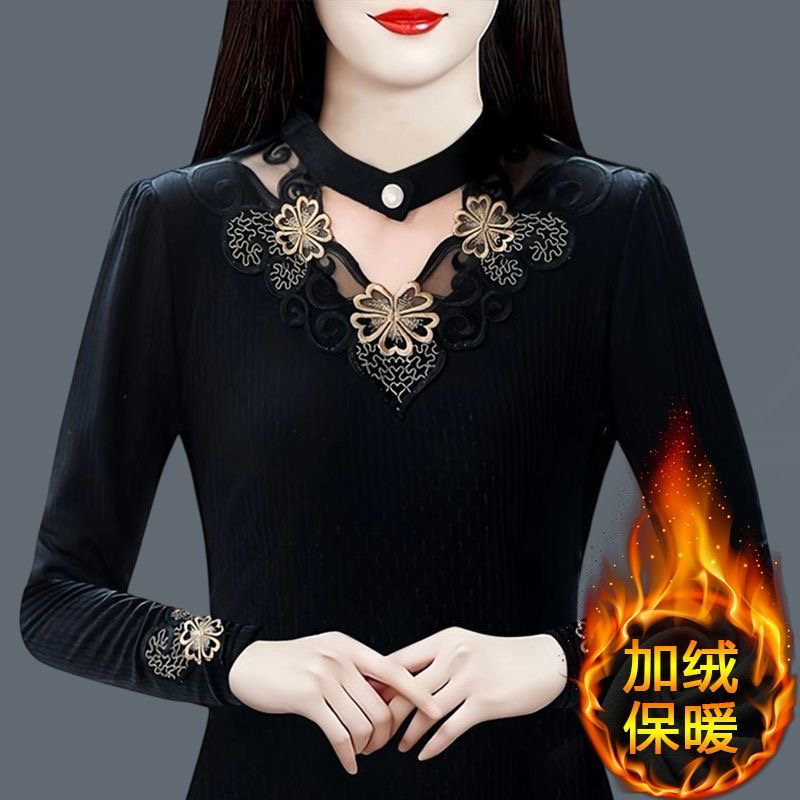 女士秋冬新款蕾丝加绒洋气半高领保暖内搭打底衫