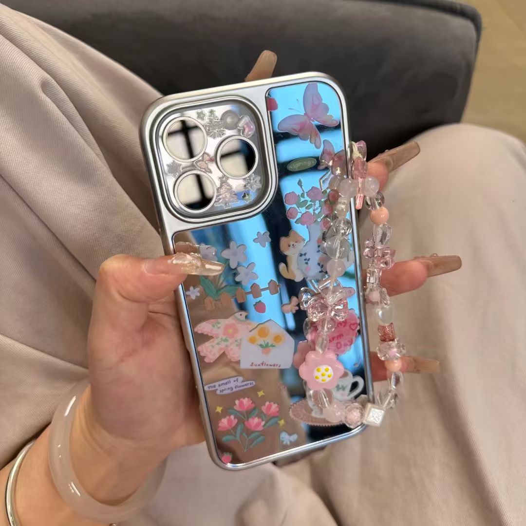 向日壳镜面花朵小鸟适用苹果15Pro壳13/XSMax/xr/12女16/14p