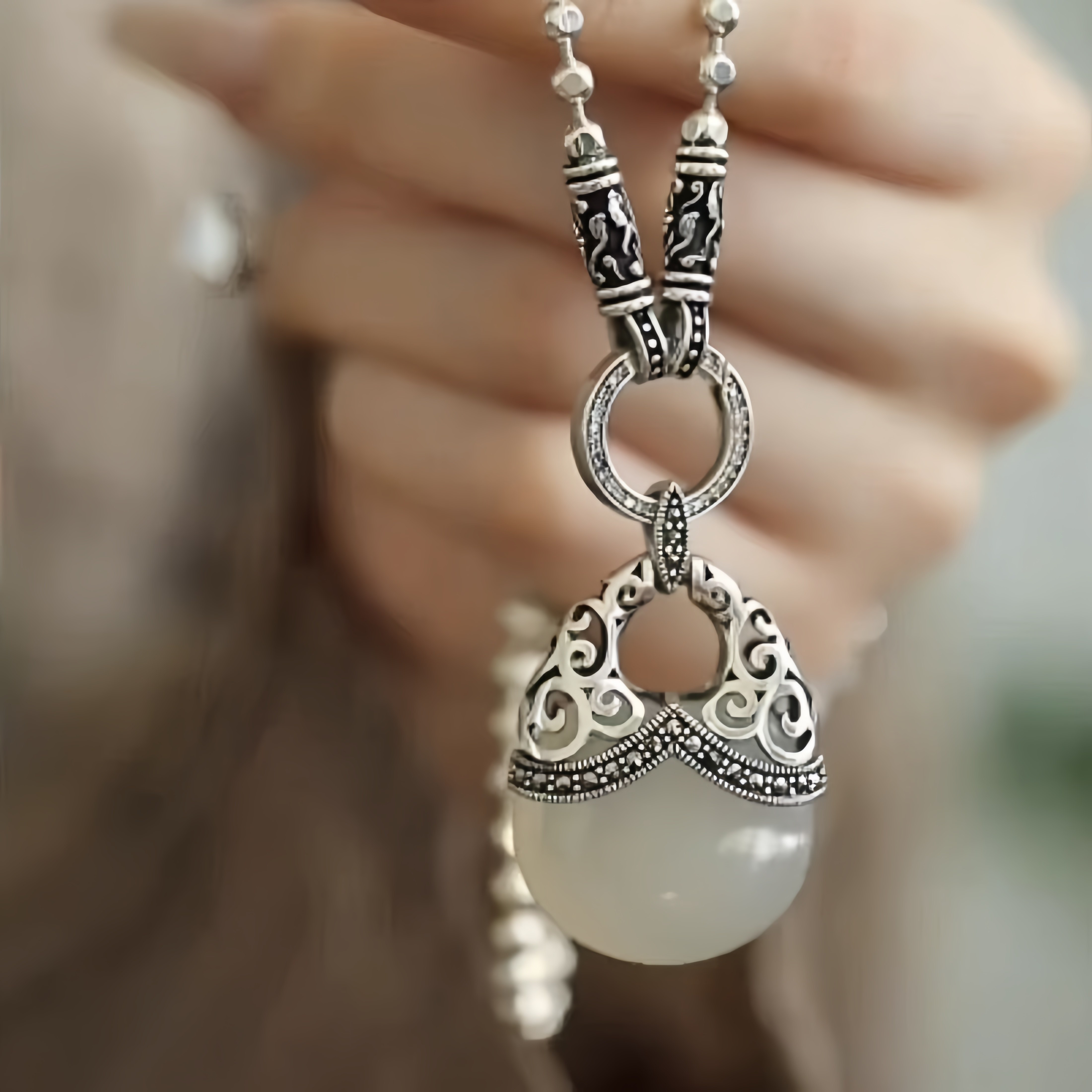 银色复古做旧圆珠项链2025年新款新中式银项链高级感毛衣链衬衫链