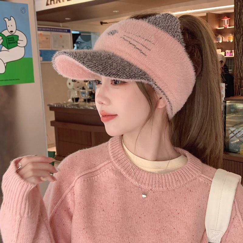 跑步帽子女款秋冬季韩版甜美针织空顶鸭舌帽加绒保暖护耳包头帽潮