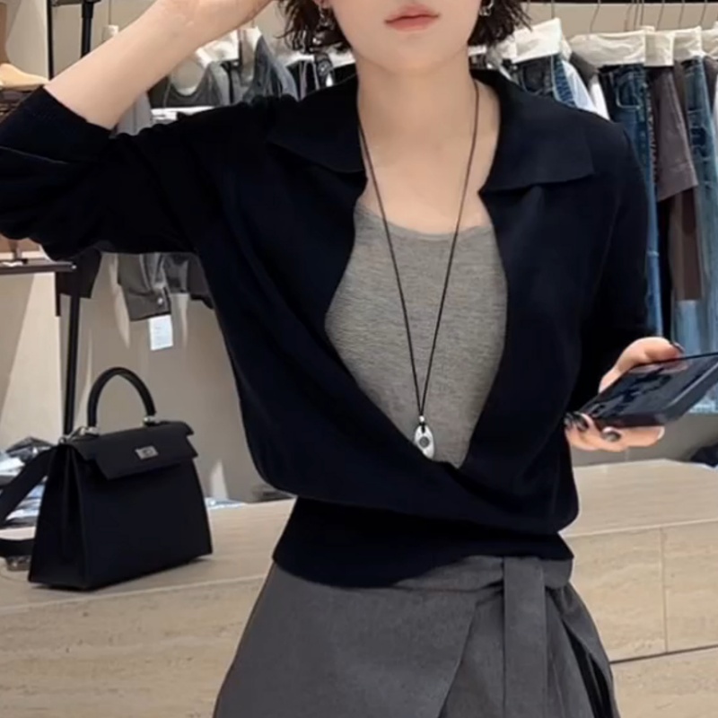 秋季新款气质百搭款长袖设计感假两件针织上衣LK2505819