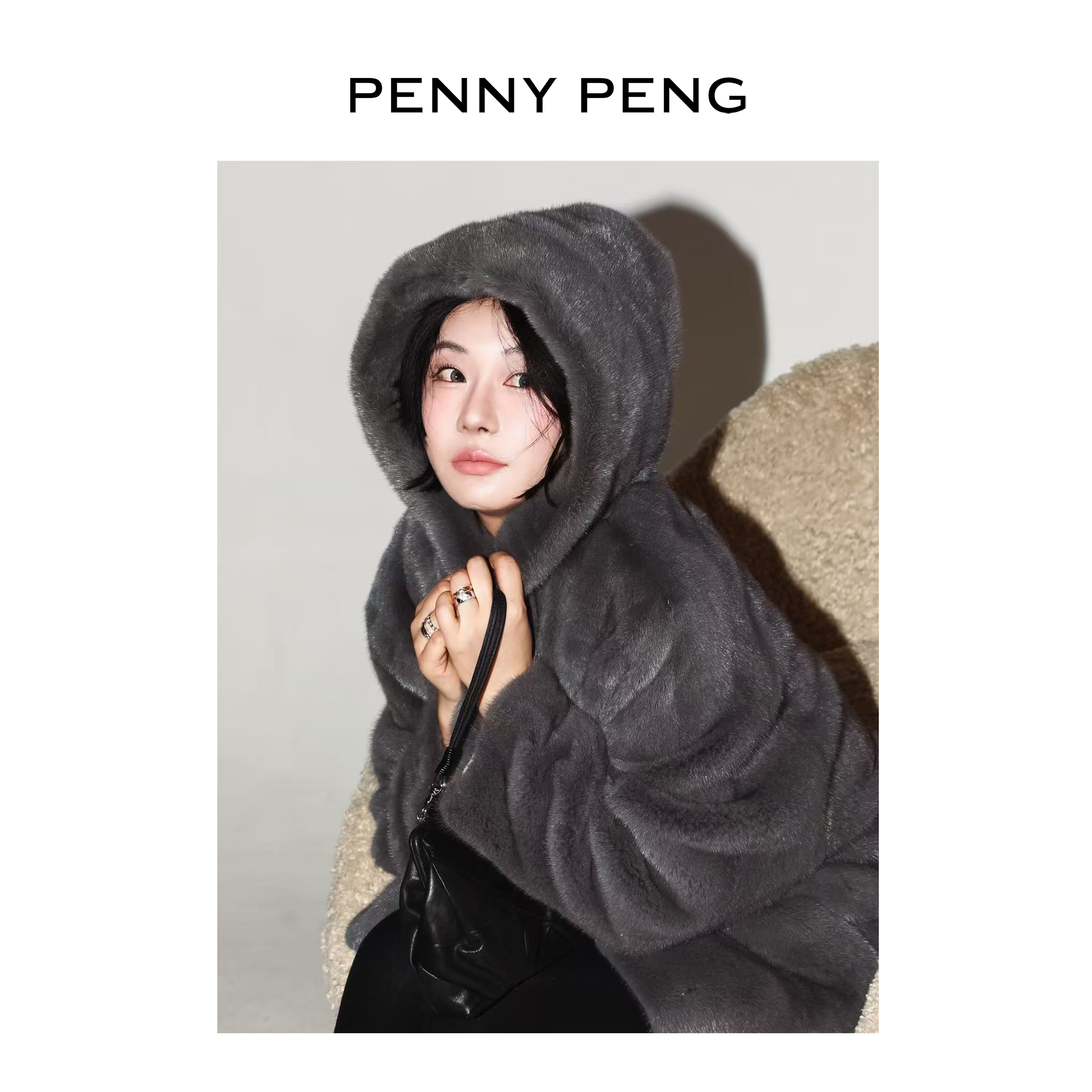 PENNYPENG 掌上明珠 黑标系列奢华老钱风连帽插肩袖水貂保暖外套