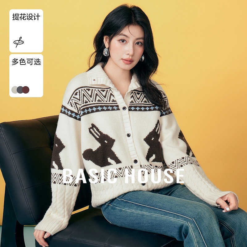Basic House/百家好费尔岛毛衣女秋冬新款氛围感复古百搭开衫外套