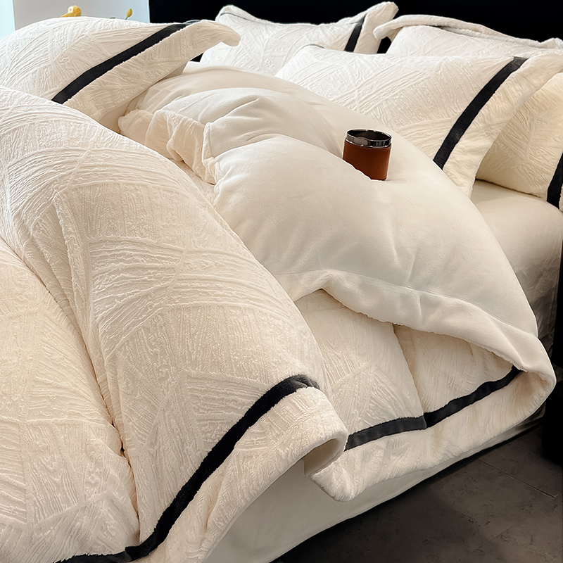 水星家纺雕花牛奶绒加绒四件套冬季珊瑚绒床单被套加厚床上用品