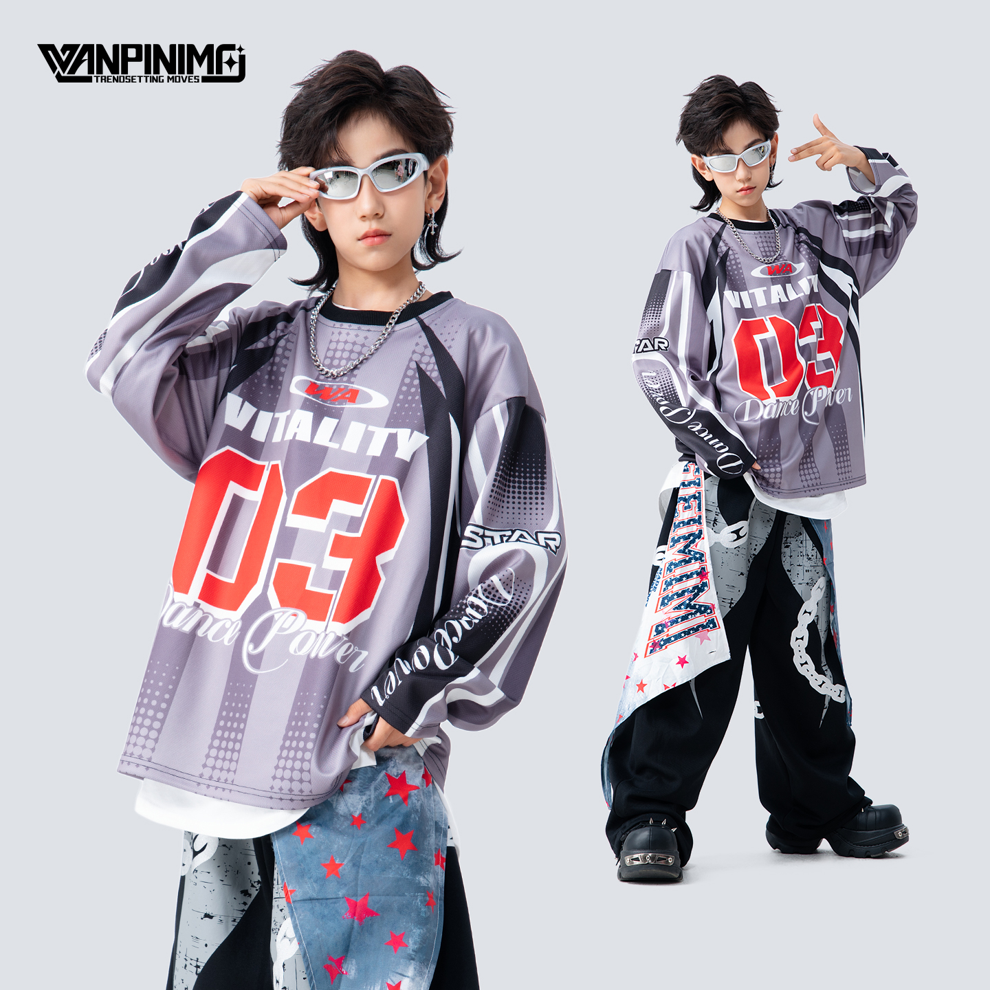 顽皮尼莫童装街舞儿童嘻哈潮服男童宽松hiphop潮牌演出服Z2649