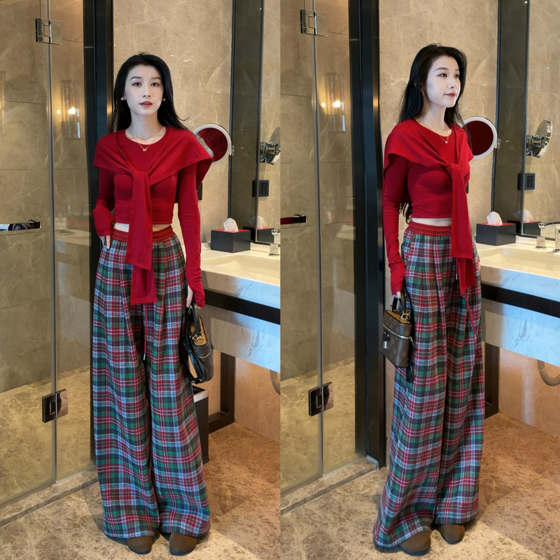 秋冬新款喜庆加绒长袖+红色披肩百搭长裤三件套