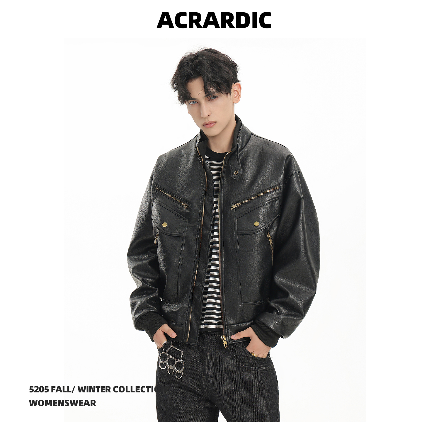 ACRARDIC潮牌高级感短款立领PU皮夹克男复古cleanfit机车服外套潮