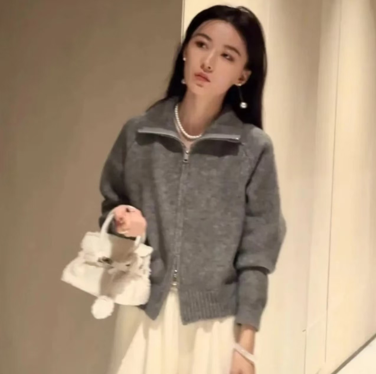 慵懒风立领针织开衫女2025秋冬加厚双拉链百搭短款毛衣女外套上衣