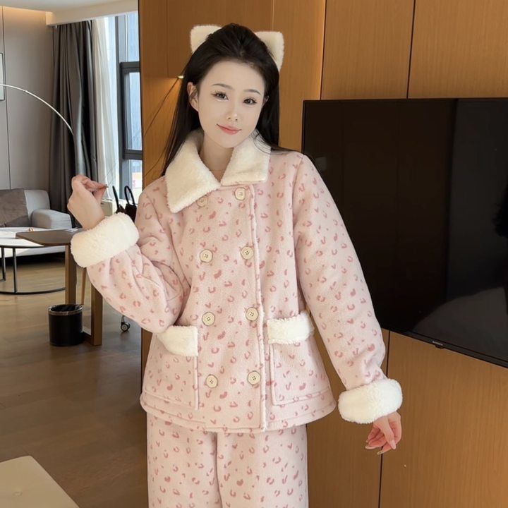 2025冬季加绒加厚保暖外穿睡衣可爱休闲特厚甜美家居服套装甜美风