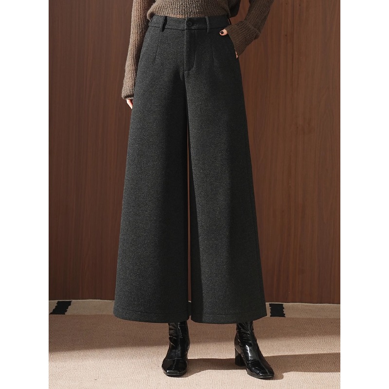 拉夏贝尔毛呢休闲裤女2025秋冬新款淑女风气质优雅时髦宽松阔腿裤