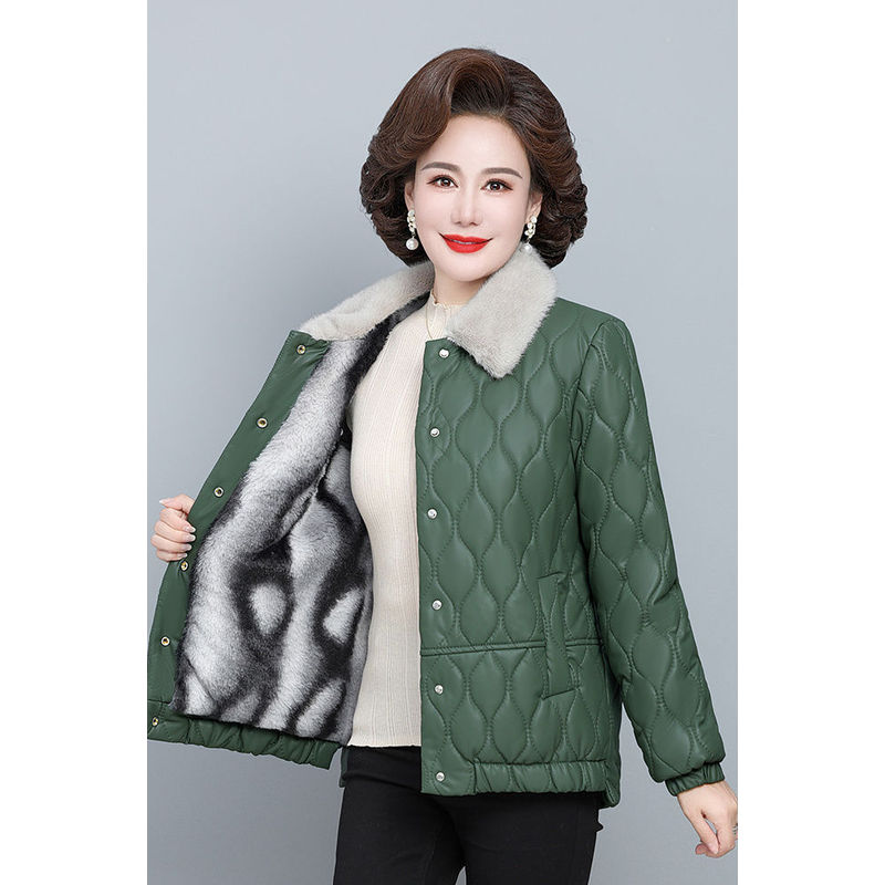 丝绵妈妈冬装加绒加厚棉衣外套新款洋气皮棉袄岁时尚宽松大码棉服