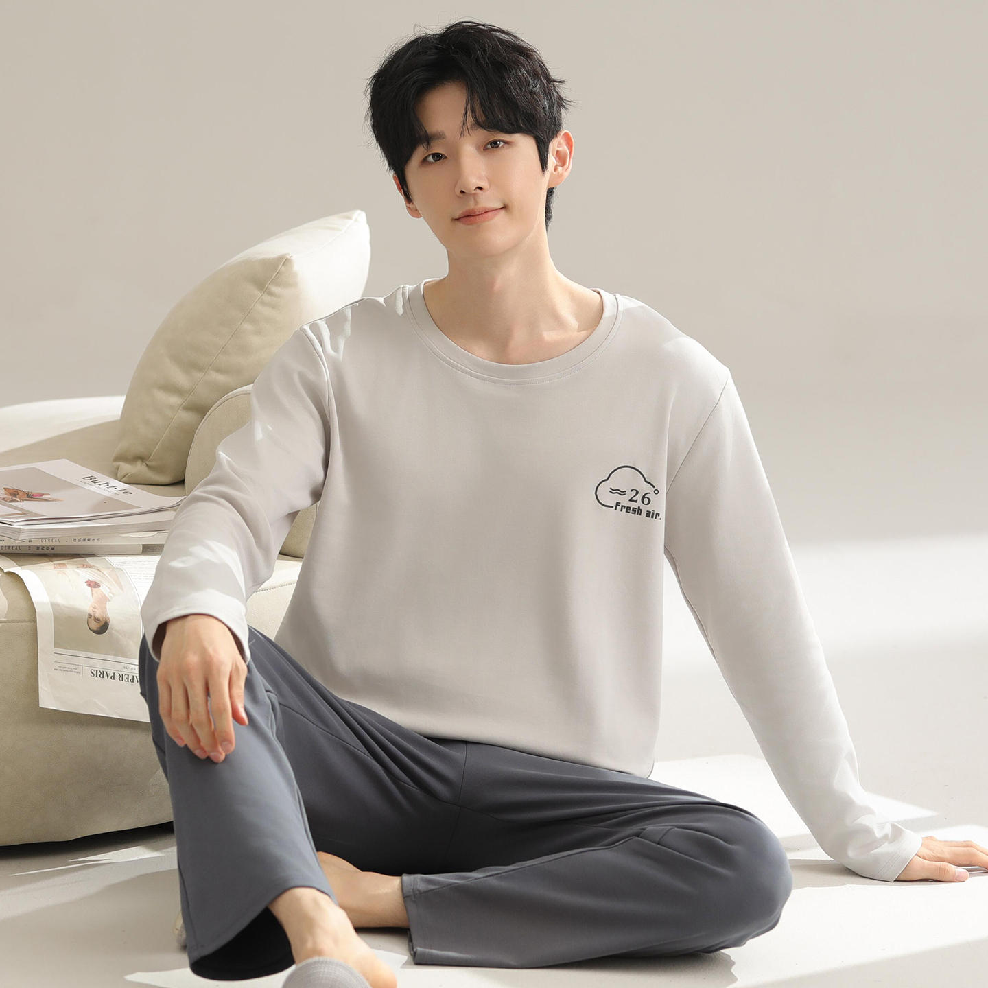 男士睡衣春秋季棉质长袖长裤可外穿两件套简约休闲青年家居服套装