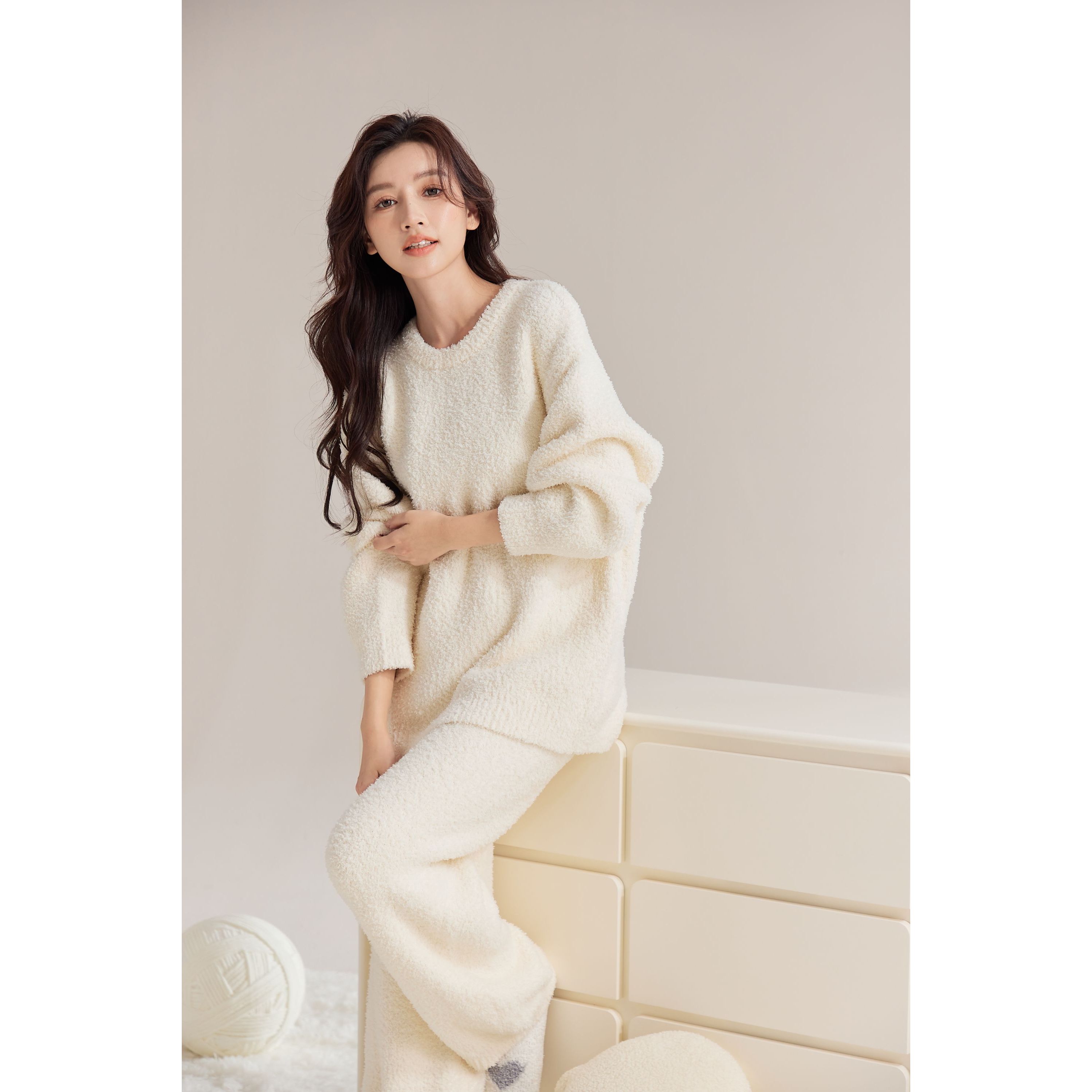 喜家点简约宽松加绒毛绒家居服睡衣秋冬季圆领睡衣女套装冬款舒适