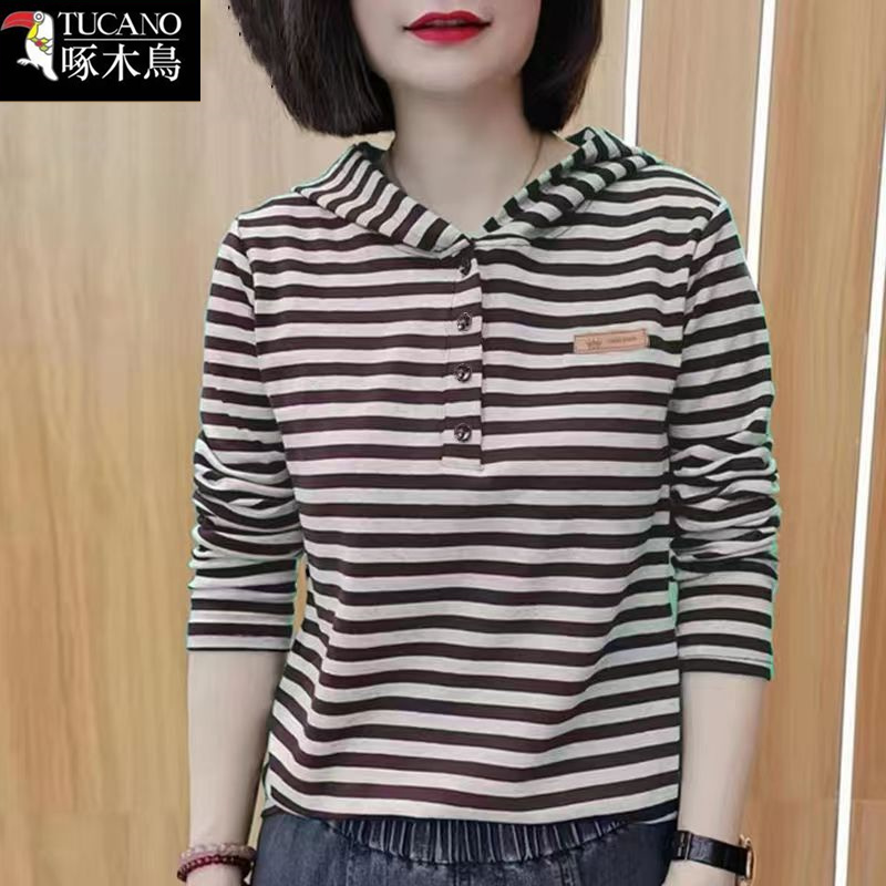 啄木鸟2025新款宽松显瘦长袖上衣春秋中年时尚条纹拼色连帽t恤女