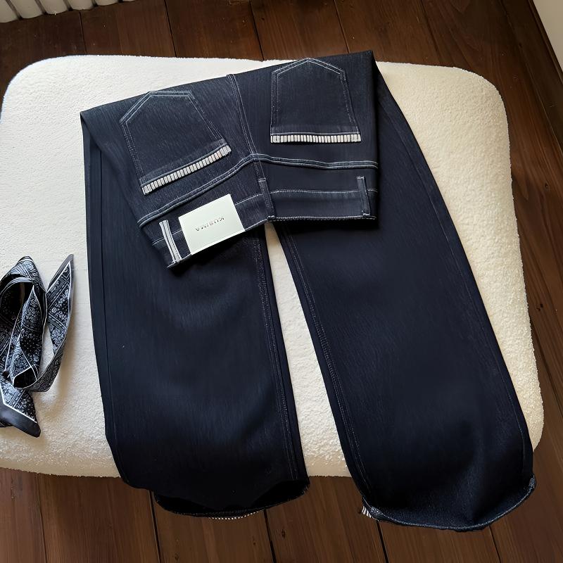 丹宁蓝条纹拼接阔腿牛仔裤女2025秋季新款防掉色小众宽松直筒裤