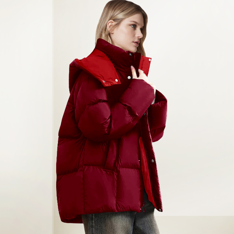 红色连帽羽绒服女2025年冬装新款时尚洋气减龄高级感加厚显瘦外套