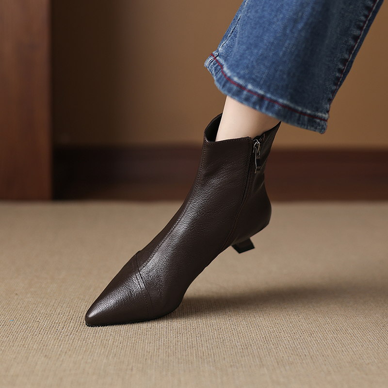 3.5CM-头层羊皮细跟高跟靴秋冬法式轻职风瘦瘦靴尖头短靴裸靴女靴