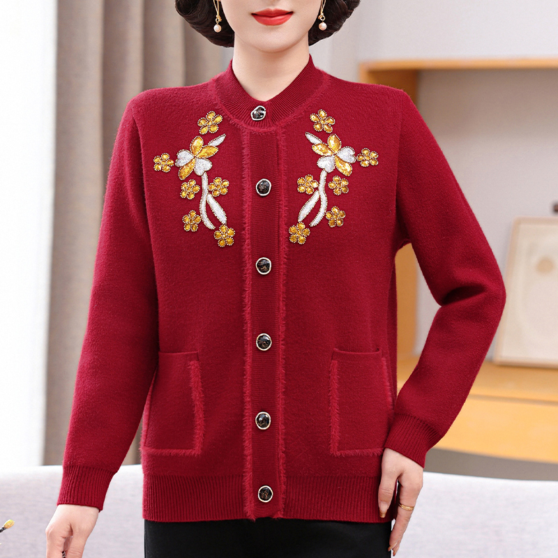 中老年奶奶装圆领长袖气质开衫女2025年秋冬季针织单排扣针织上衣