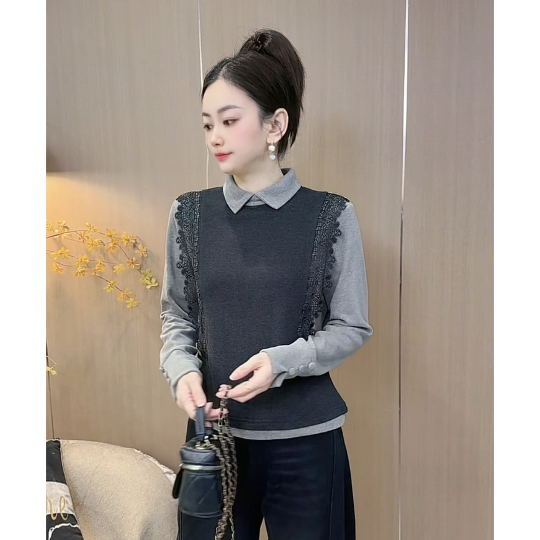 【1115】新品慕斯双面绒假两件拼接蕾丝钩花上衣