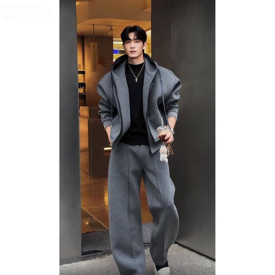 秋冬新品重磅美式休闲连帽卫衣套装男简约廓形宽松外套直筒卫裤潮