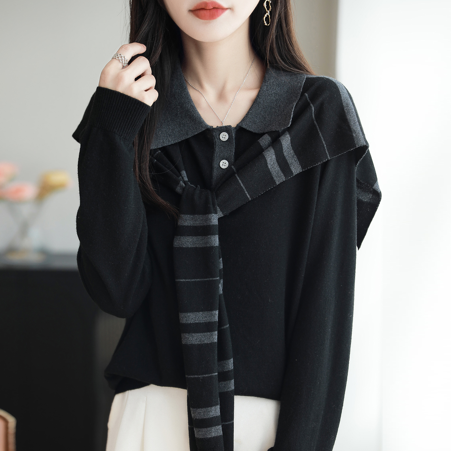 微胖mm春秋大码女士蝴蝶结毛衣遮肚子显瘦飘带上衣内搭针织打底衫