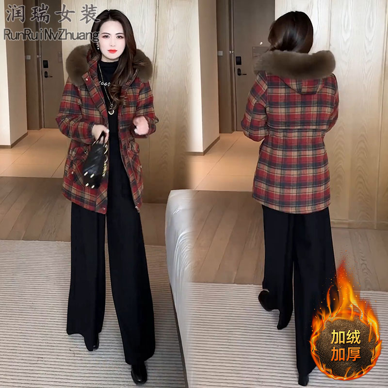 冬装加绒加厚格子毛呢外套女2025冬季新款时尚洋气小个子呢子大衣
