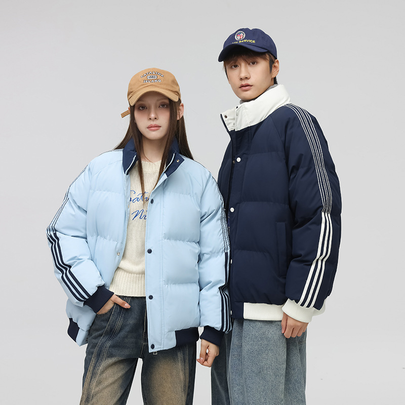 男装情侣棉服三条杠棉衣男女同款冬季新品加厚保暖立领防风棉外套