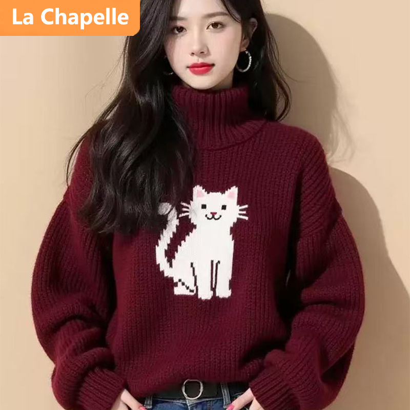 拉夏贝尔法式高领慵懒风印花套头毛衣女秋冬韩版气质减龄针织外穿