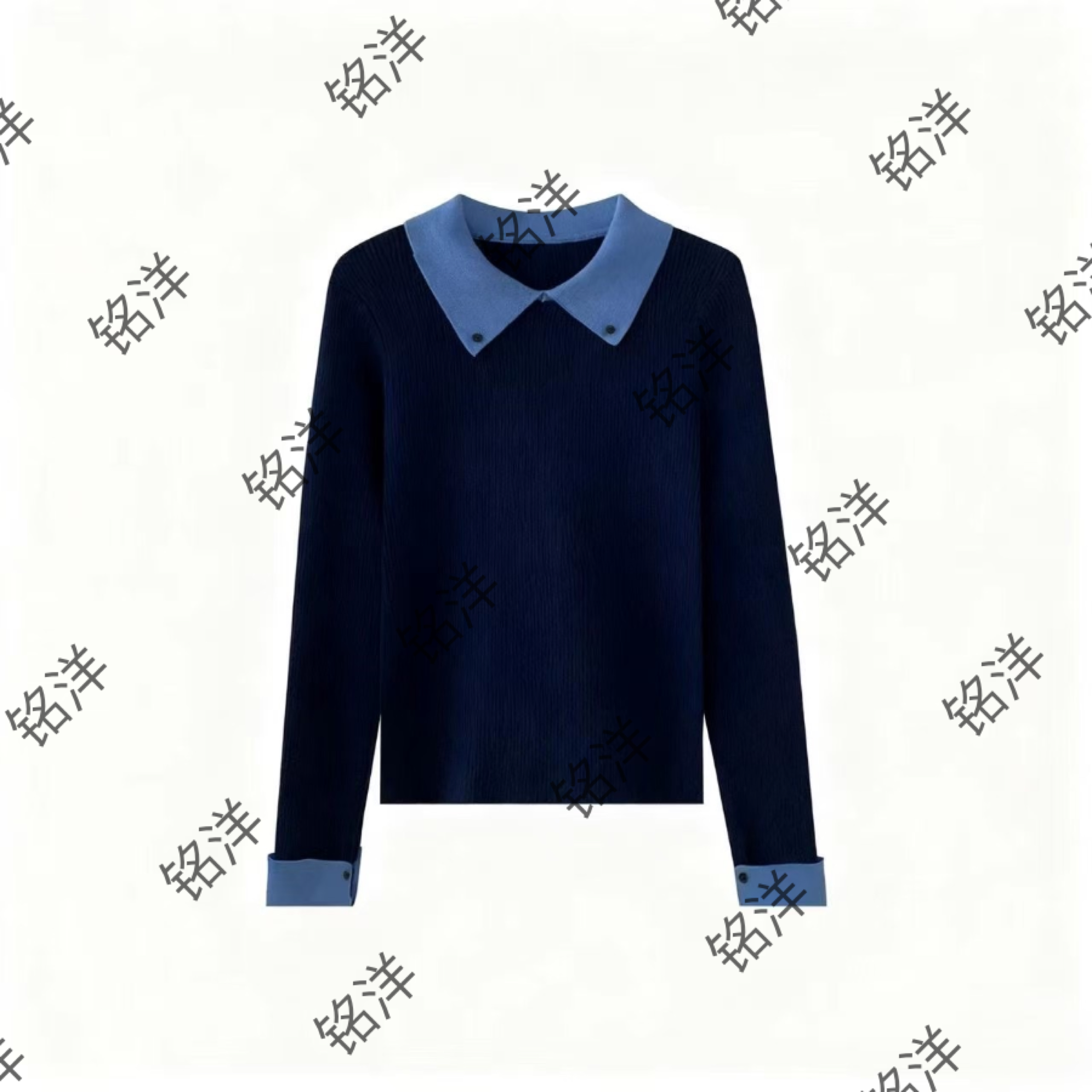 法式翻领撞色假两件长袖针织打底衫女秋冬修身内搭毛衣polo衫上衣