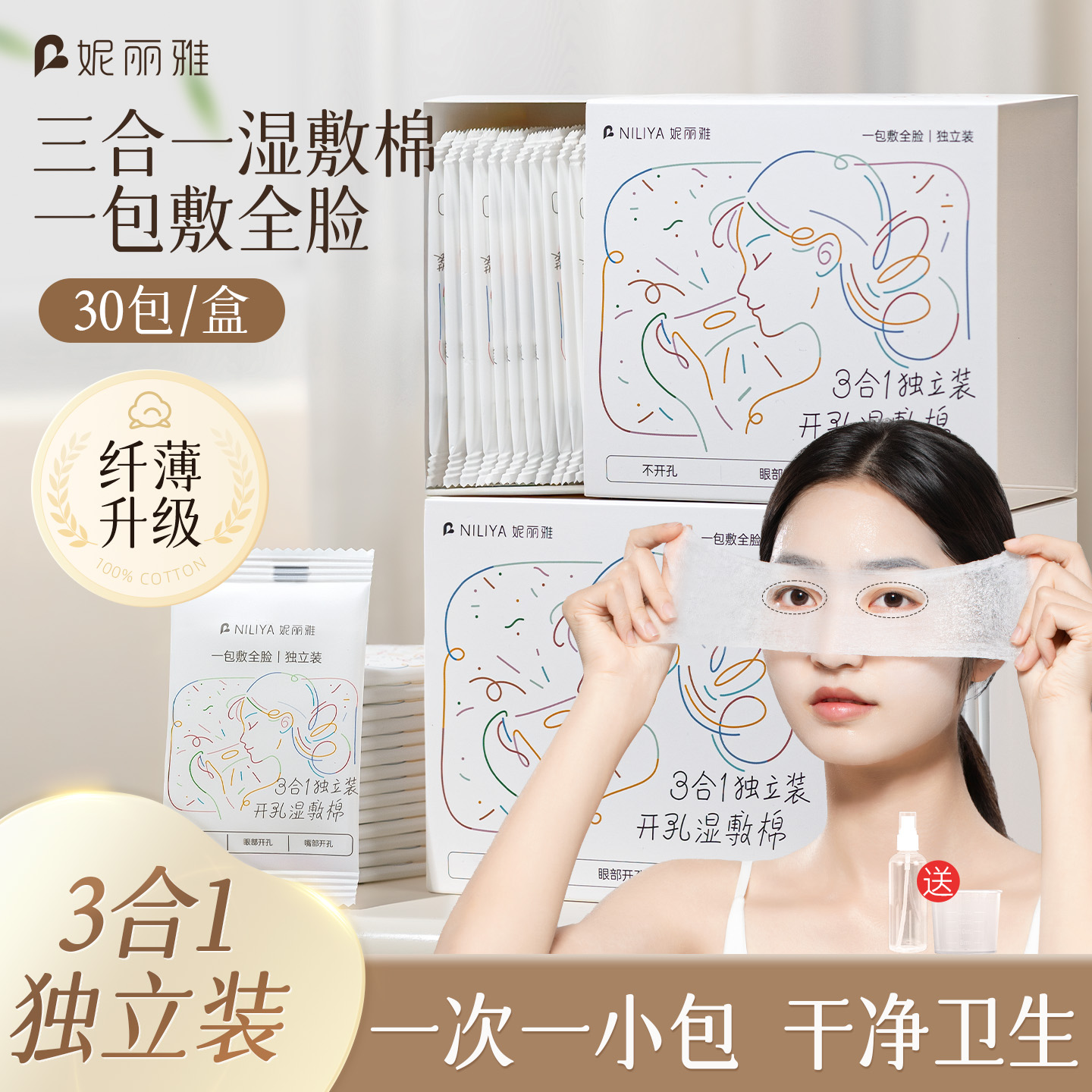 【独立包装】三合一开孔湿敷棉可拉伸敷脸专用超薄便携化妆棉片开口